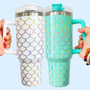 40oz Shinny Laser Mermaid Fish Scales Stainless Steel <b>Tumbler</b> <b>Cup</b> Handle <b>Straw</b> for Children Vacuum Insulated Eco-Friendly for - Product Image 4