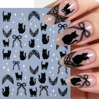 Autocollants pour ongles 3 couleurs Halloween, motif chauve-souris rouge pailleté, chauve-souris noire, chat et nœud, style gothique sombre, pour festival français