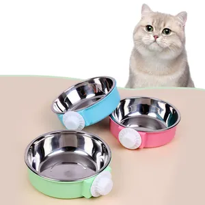 Factory Direct Pet Portable Hanging Cage Removable S/L size Cat Water Drinking Feeders Stainless Steel Dog Food Feeding Bowl