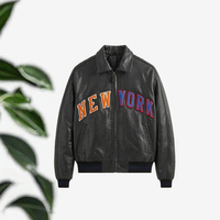 Blouson Bomber Homme en Cuir Véritable Respirant Coupe-Vent Col Montant Zippé Broderie Lettre New York Devant Décontracté Automne