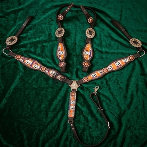 Ensemble de bride et de collier de poitrail Western haut de gamme et durable, en cuir véritable fait main, avec têtière, tailles personnalisées pour l'équitation sur sentier - Product Image 3