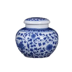 Atacado azul e branco porcelana pequena cerâmica armazenamento jar selo pote para chá café açúcar vasilhas