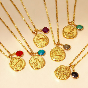 XL346 Zodiac <b>Opal</b> <b>Necklace</b> 12 18K Gold Plated Link Chain Choker Copper Moon Pendant Vintage Celestial Gift for Women - Product Image 1