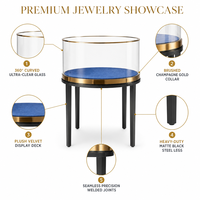 Support de présentation de bijoux en verre cylindrique rond personnalisé avec plateau en velours bleu et bordure dorée pour les magasins de bijoux en gros