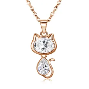 Cute Cat Pendent 6*8mm Oval Cut 4*6mm Pear Cut Moissanite Sapphire Ruby 10K Gold Luxury Necklace