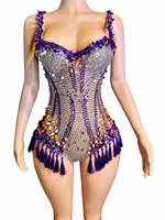 Combinaison de danse sexy pour femme avec franges, strass et paillettes, idéale pour les spectacles, soirées, anniversaires et fêtes