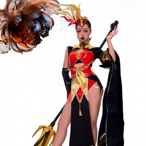 <span class=keywords><strong>Costume</strong></span> da Spettacolo Gogo Personalizzato di Alta Gamma ODM per la Festa di Metà Autunno, Motivo Drago Nuvola Oro Nero, Stile Cinese Heavy Metal per Donna - Product Image 1