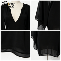 Fabricant de vêtements chinois, robe de soirée personnalisée pour femmes, en mousseline de soie noire, décontractée, mini, col en V profond, coupe ample, drapée, manches chauve-souris longues