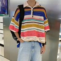 Pull en maille ajourée rayé simple personnalisé pour l'été, t-shirt ample à manches arc-en-ciel, pull polo