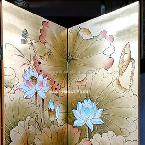 Biombo Plegable de Madera Chino, Decoración de Pared para Sala de Estar con Diseño de Grulla y Loto en el Fondo, Pintado a Mano con Lámina Dorada - Product Image 6