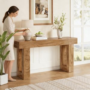 Mesa Consola Rústica de Madera Maciza SENYU, Mueble de Entrada Moderno Hecho a Mano con Base de Pedestal - Product Image 2