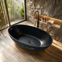 Baignoire autoportante moderne en pierre artificielle noire, écologique, pour hôtel, villa, appartement, salle de bain intérieure