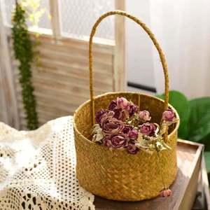 Rattan Hand-woven <b>Basket</b> Circle Shape With Handle For Dried Flowers Gift Storage Bamboo Grass Woven Plant <b>Basket</b> - Product Image 1