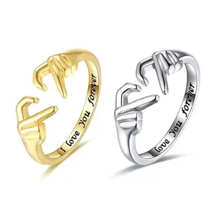 2023 New Fashion Gold Silver Plated Double Hand Compare Heart Couple Ring Adjustable Palm Love Gesture Couple Finger Ring