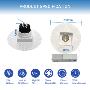 <span class=keywords><strong>Spot</strong></span> COB 12W 1440 lumens, 4 pouces, rond carré, 5CCT, sans cadre, orientable, encastré, avec garantie de 5 ans - Product Image 1