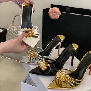 รองเท้าส้นสูงแบบเปิดหัวทรงเหลี่ยม XSD Summer Gold Stiletto ดีไซน์เซ็กซี่ สวยสง่า เหมาะสำหรับงานปาร์ตี้ มีไซส์ใหญ่ 35-40 - Product Image 5