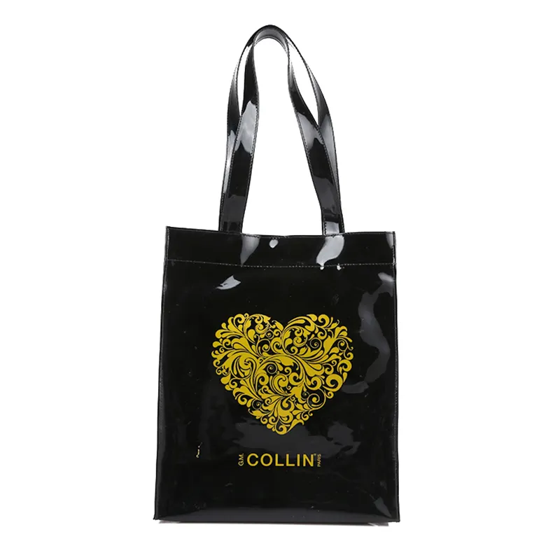 Black Glossy PVC Large Shiny Tote Bag Wholesale Zipper Vinyl Shopping Bag