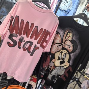 T-<span class=keywords><strong>shirt</strong></span> ample à manches courtes en coton lavé avec sequins et motif dessin animé pour <span class=keywords><strong>femme</strong></span>, version grande taille, haute qualité 2025 - Product Image 3