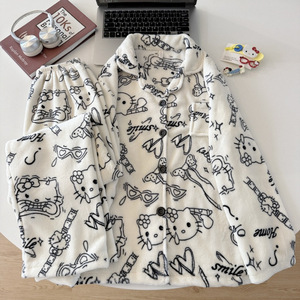 Conjunto de Ropa de Dormir de Franela de Coral con Dibujos Animados, Grueso y Afelpado para Invierno, Camisón de Manga Larga y Pantalones para Mujer - Product Image 6