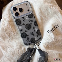 Coque de téléphone IDEAL Factory INS Grid à motif rose, procédé IMD, avec cordon en gaze de couleur assortie pour iPhone 15 16 17 18 Pro Max