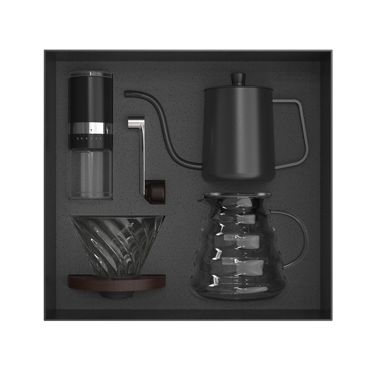 Professional Pour-over coffee set including glass dripper, carafe, and manual grinder