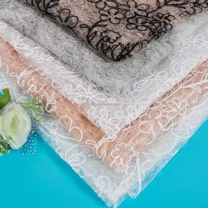 Pabrik kain Tule Prancis renda kelas atas bordir pola putih kain untuk gaun malam pernikahan