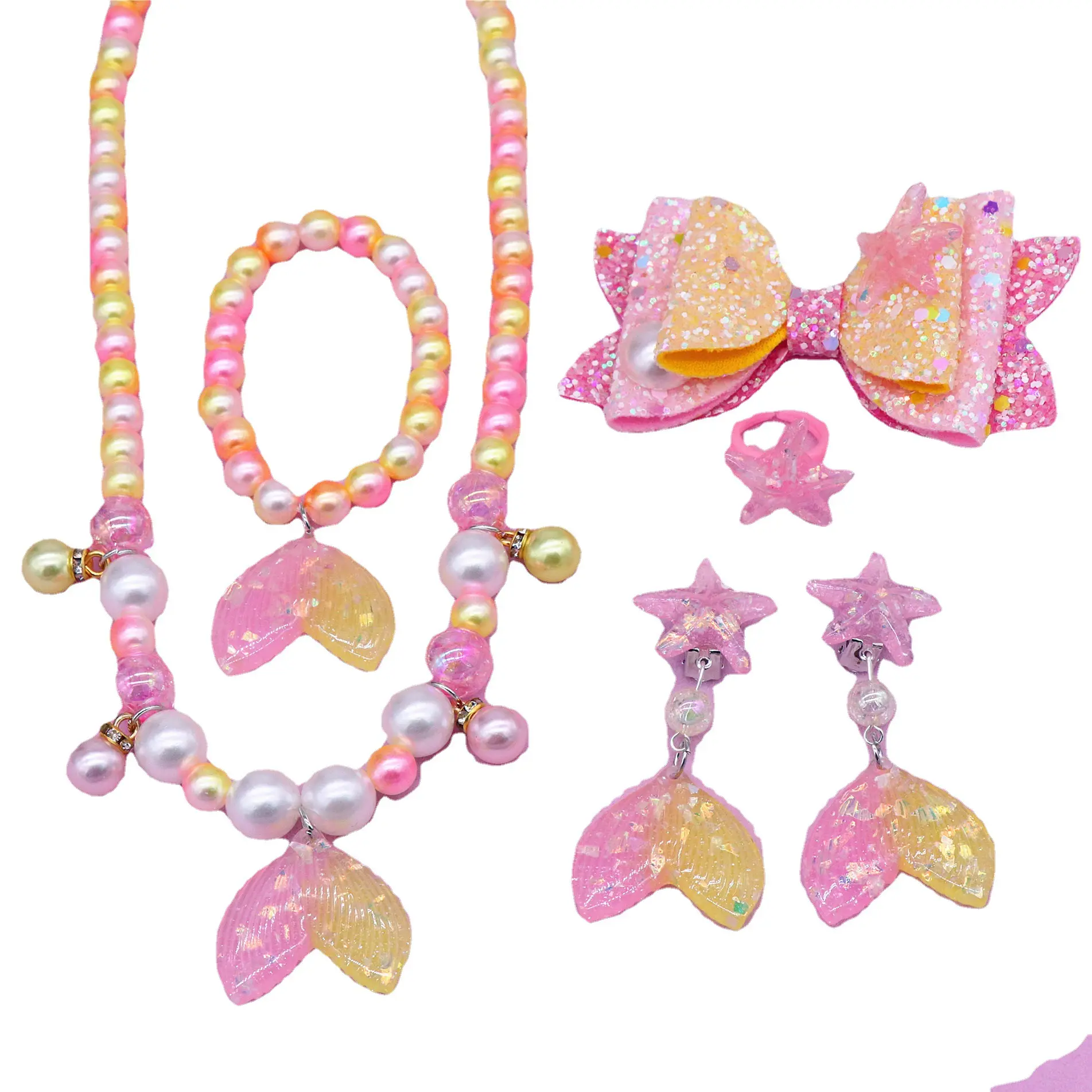 Cartoon Jewelry Mermaid Fish Tail Pearls And Beads Necklace Kids Jewelry Set Chain Necklaces