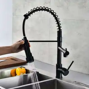 New Style Deck Mounted Matte Black Pull Out Kitchen Faucet Spring Dual Spout Mixer Sprayer Sink Tap