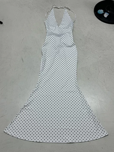 Robe longue de soirée pour femme, style français, à pois, col halter, dos nu, col en V, avec grand nœud, à lacets, coupe ajustée - Product Image 6