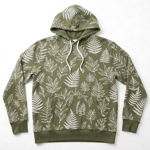 เสื้อฮู้ดดี้ผ้าเฟรนช์เทอร์รี่เนื้อหนา สีเขียวมะกอก พิมพ์ลายแบบดิสชาร์จ คอกลม มีเชือกผูกและกระเป๋าหน้า - Product Image 1
