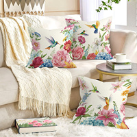 Lot de 4 Housses de Coussin Florales Printemps-Été, Motifs Fleurs de Jardin, Colibris, Lys et Hortensias, Style Ferme