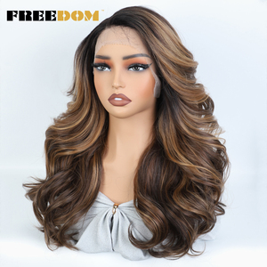 Perruques synthétiques à dentelle frontale FREEDOM, à couches, pour femmes noires, vague corporelle, 22 pouces, pour <span class=keywords><strong>cosplay</strong></span> brun chocolat blond - Product Image 4
