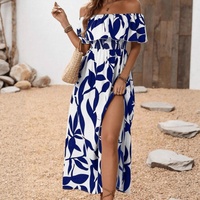 Robe longue d'été florale à volants pour femme, épaules dénudées, manches courtes, dos nu, corsage à volants, ourlet fendu, robes de plage