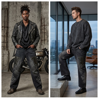Jeans en denim noir délavé personnalisés avec patch en cuir et broderie en strass pour la vente en gros B2B