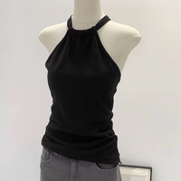 Débardeur Camisole Noir d'Été à Col Halter et Lacets pour Femme, 92% Coton/8% Spandex, Tissu en Fil Peigné, Sexy, pour Club, Couche de Base