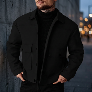 Chaqueta Bomber Negra, Estilo Utilitario, Manga Larga, Cuello Alto, Impermeable, Relleno de Poliéster, Ropa de Abrigo Otoñal, Cierre de Cremallera, Color Sólido - Product Image 3