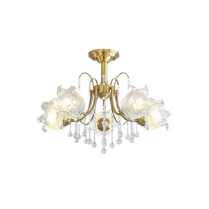 American Retro <b>Crystal</b> Flowers Vintage French Copper Brass <b>Chandelier</b> Flush Mount for Living Room - Product Image 6