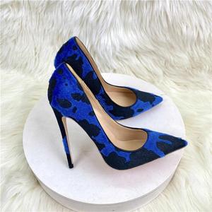 Blue Flock Leopard D'Orsay Super High Stiletto Pumps Women's-Pointy Slip-On Design Stones Big Size 34-45 All Seasons - Product Image 5