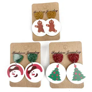 Phim Hoạt Hình Giáng Sinh Người Tuyết Gingerbread Người Đàn Ông Cây Giáng Sinh In Vòng Acrylic Bông Tai Cho Cô Gái Món Quà Long Lanh Stud Bông Tai