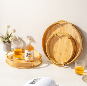 Couchtisch Küchen-Ottoman Runde Dekorative Servierplatte aus Bambus mit Griffen - Product Image 3