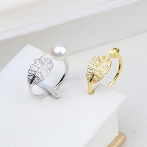 Anillo de Plata S925 para DIY con Incrustaciones de Hojas y Plumas, Anillo Abierto con Perla, Base Vacía para Anillo de Dedo 102 - Product Image 1