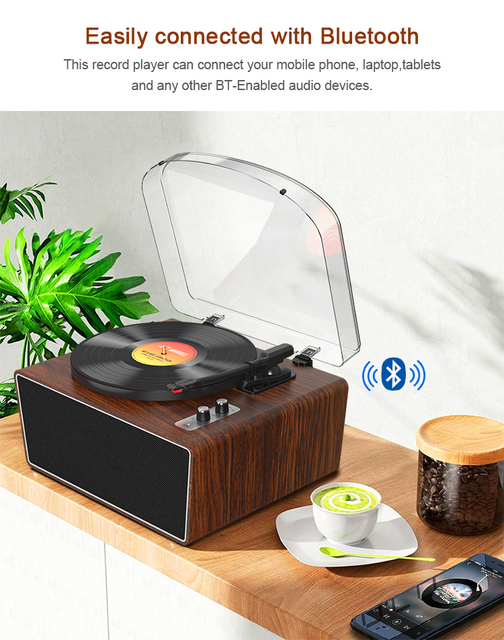 Retro Wooden 3-Speed Vinyl Record Player Built-in 4" Speaker Bluetooth RCA Out PC Recording Home Audio Turntable