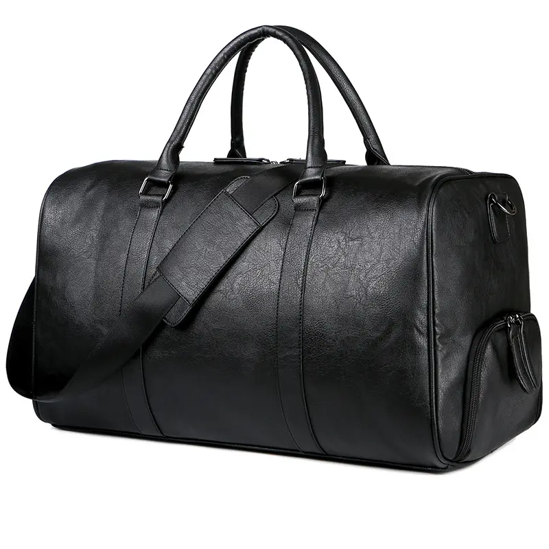 Black PU Leather Luggage Storage Shoulder Duffle Bag For Men Overnight Waterproof Travel Duffel Bag With Shoe Compartment