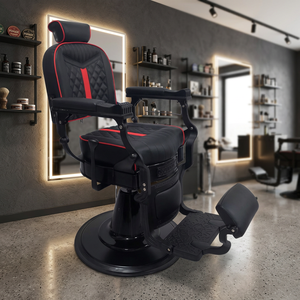 Chaise de barbier en similicuir noir avec accents rouges, hauteur réglable, pompe hydraulique, base ronde, mobilier de salon - Product Image 1