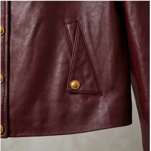 <strong>Women</strong> Coat Wine Red Crew Collar Gold Buttons Multi Split Pockets <strong>Petite</strong> Short Commuter <strong>Leather</strong> <strong>Jacket</strong> - Product Image 5
