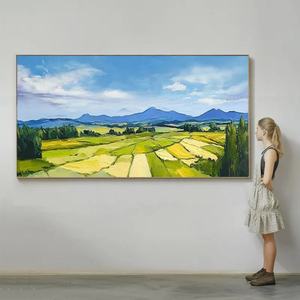 Pintura al Óleo Abstracta, Cielo Azul con Nubes Blancas, Montañas en el Lejano Horizonte, Campos en Cosecha, Paisaje Pastoral Texturizado - Product Image 1