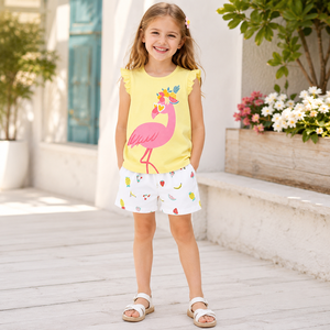 Ensemble 2 pièces personnalisé pour filles, débardeur et short, 100 % coton, imprimé flamant rose et fruits, tenue de plage, vente en gros, OEM, faible MOQ, boutique - Product Image 3