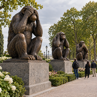Statues de 3 singes en bronze grandeur nature, « Ne pas entendre, ne pas voir, ne pas parler du mal », pour l'extérieur