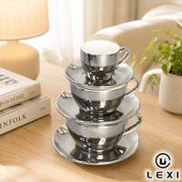 Ensemble tasse et soucoupe à expresso plaqué argent, finition miroir, céramique de luxe, tasse à café moderne, cadeau pour barista, décoration de table