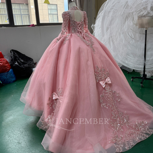 Robe de Quinceañera de luxe rose Mc037, robe de demoiselle d'honneur, corset perlé argenté, robe de bal illusion, appliques en dentelle, Sweet 15 Jancember - Product Image 2